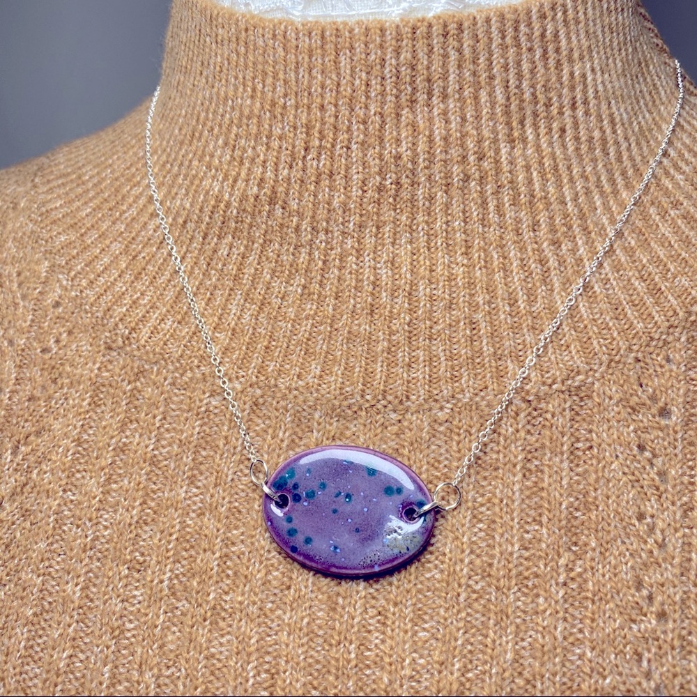 Purple Ceramic Bead Necklace on Silver Chain